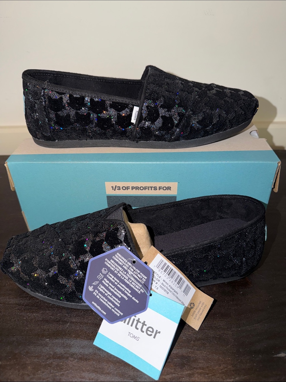 New Toms Black Flocked Cat Iridescent Glitter Alpargata Slip On Shoe size 7.5